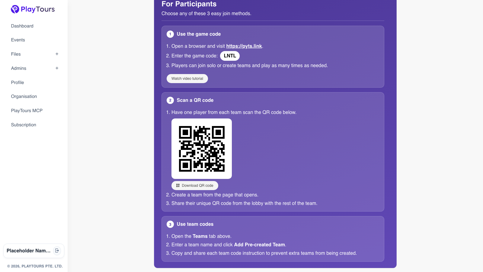 PlayTours session page showing pyts.link, game code LNTL, and the join QR