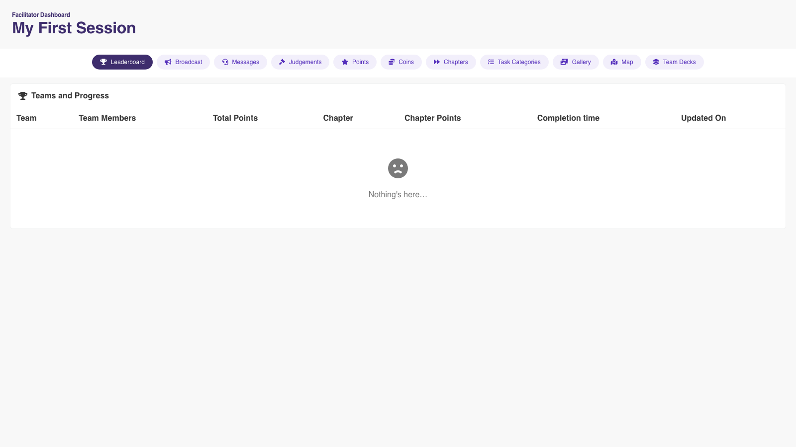 PlayTours facilitator dashboard with leaderboard, messages, and judgements